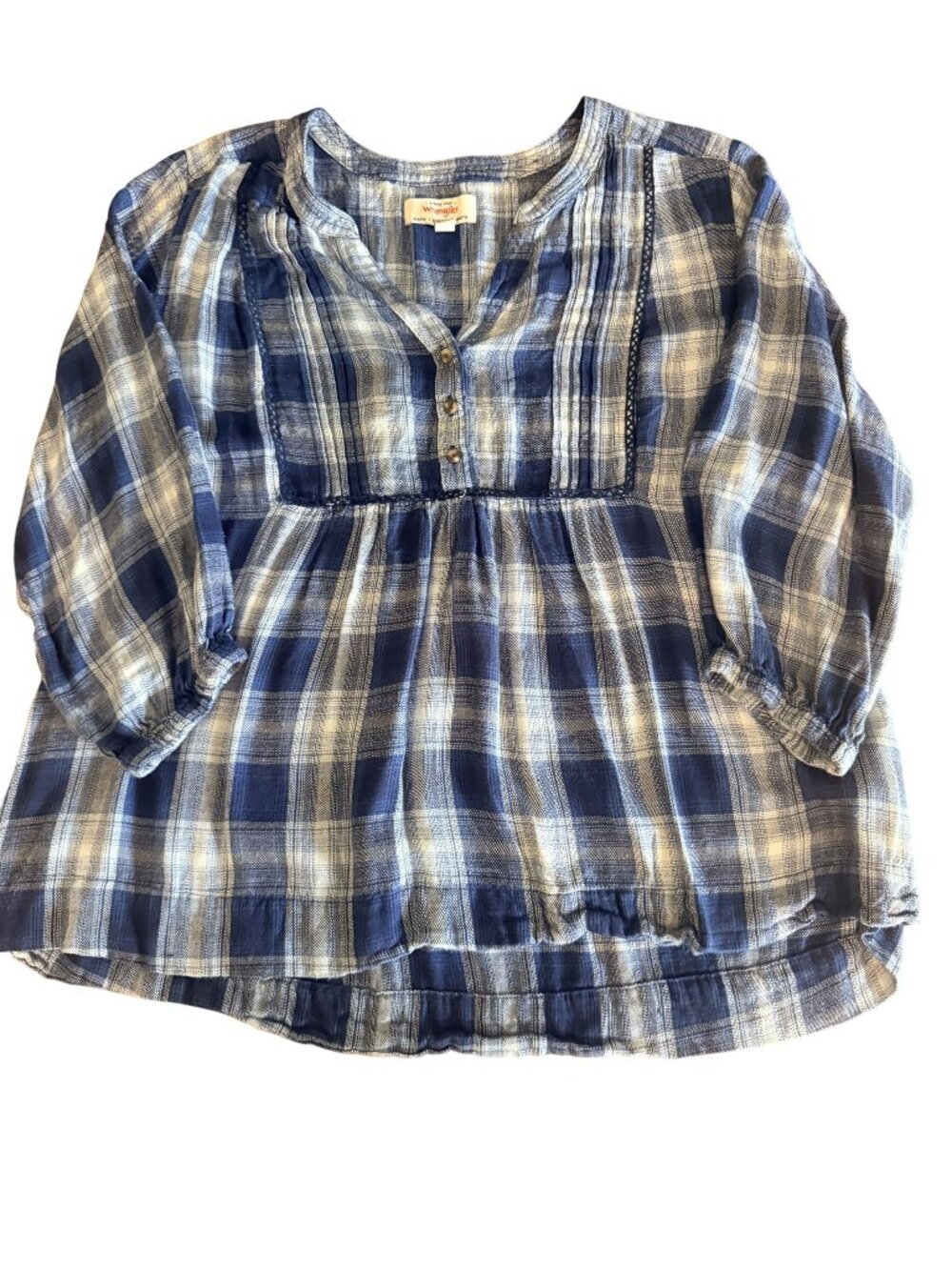 Wrangler Womens Blue Plaid Flannel Top w/Button Front & 3/4 Elastic Sleeves LG